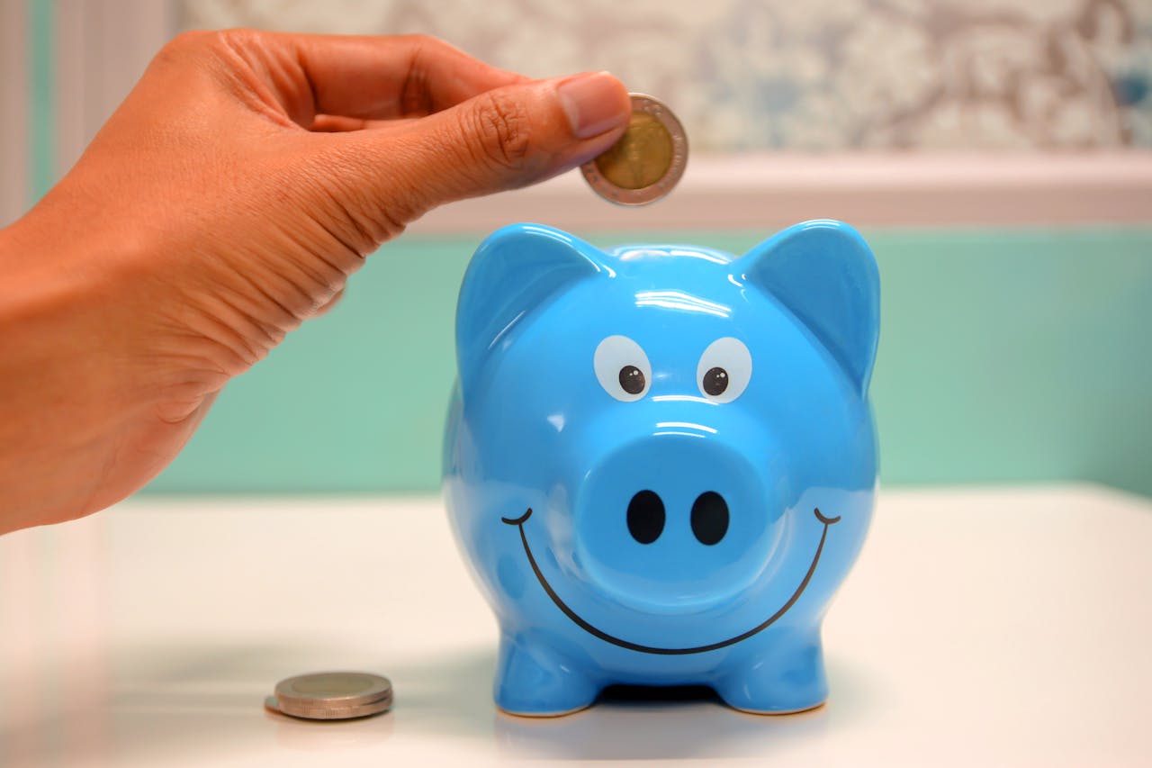 services-01 Hand inserting a coin into a blue piggy bank for savings and money management.